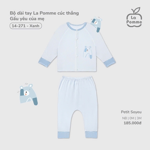 LP - Bộ dài tay La Pomme cúc thẳng Gấu yêu của mẹ - Xanh - Newborn - SS25.T9B