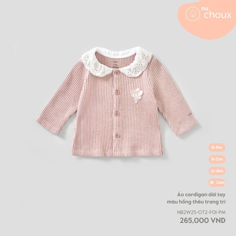 NOUS - Áo cardigan dài tay màu hồng thêu trang trí - SS25.T10A