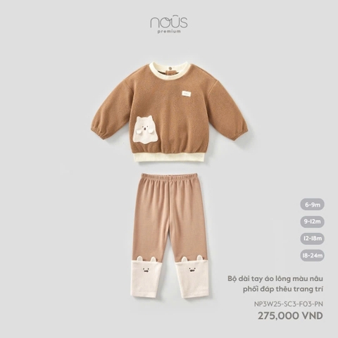 NOUS - Bộ dài tay áo lông màu nâu phối đáp thêu trang trí  - SS25.T10A