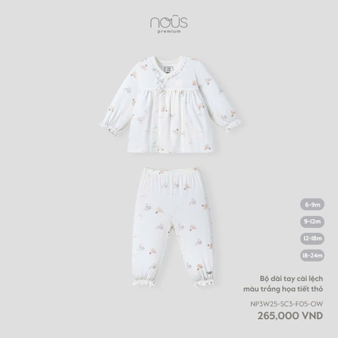 NOUS - Bộ dài tay cài lệch màu trắng họa tiết thỏ - SS25.T10A