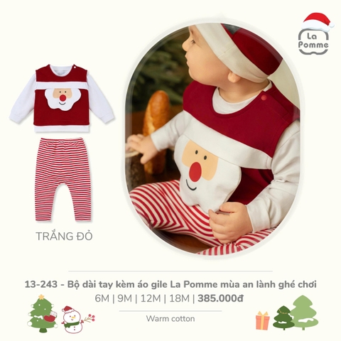 LP S20 - Bộ dài tay kèm áo gile La Pomme mùa an lành ghé chơi - Trắng đỏ - 9-12M - SS25.XMAS
