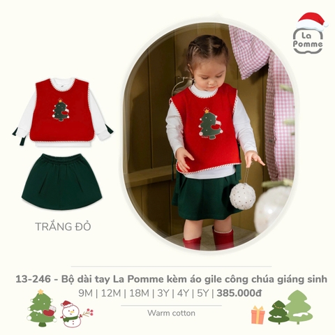 LP S20 - Bộ dài tay La Pomme kèm áo gile công chúa giáng sinh - Trắng đỏ - 9-12M - SS25.XMAS