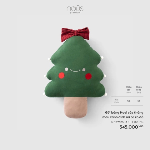 NOUS - Gối bông Noel cây thông màu xanh đính nơ ca rô đỏ  - SS25.XMAS