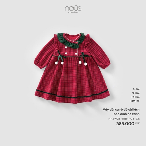 NOUS S10 - Váy dài ca rô đỏ cài lệch bèo đính nơ xanh - 6-9M - SS25.XMAS