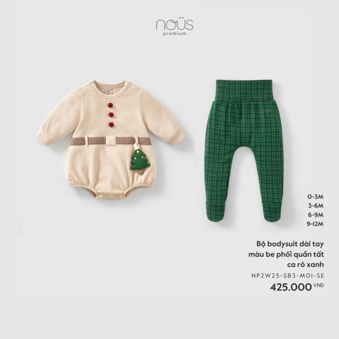 NOUS S10 - Bộ body chip dài tay màu be phối quần tất ca rô xanh - 0-3M - SS25.XMAS