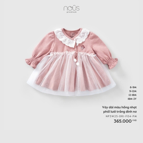 NOUS - Váy dài màu hồng nhạt phối lưới trắng đính nơ - SS25.T11A