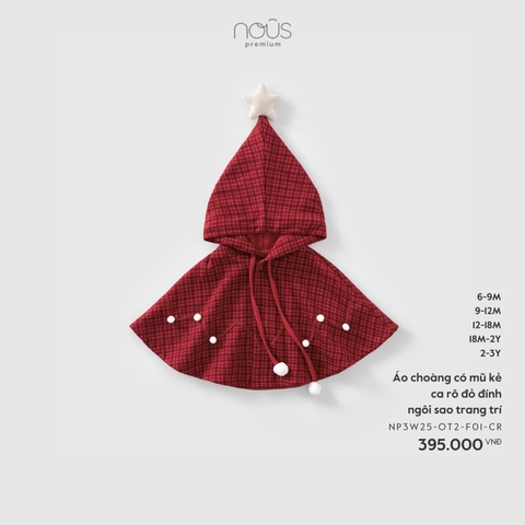 NOUS S10 - Áo choàng có mũ kẻ ca rô đỏ đính ngôi sao trang trí - 12-18M - SS25.XMAS