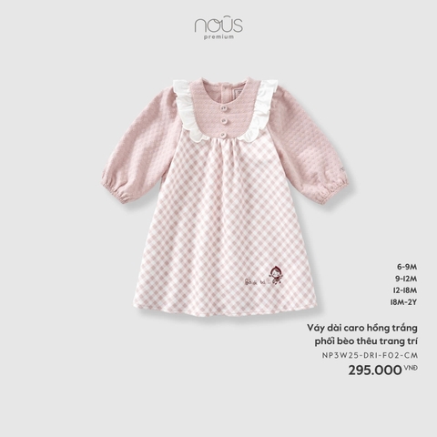 NOUS - Váy dài caro hồng trắng phối bèo thêu trang trí - SS25.T11A