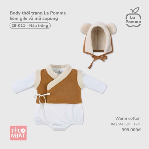 LP - Body thời trang La Pomme kèm gile và mũ sopung - Trắng nâu - 6-9M - SS25.TET