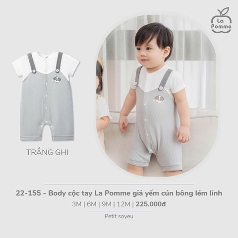 LP - Body cộc tay La Pomme giả yếm cún bông lém lỉnh - Trắng Ghi - 3-6M - SS26.T1A