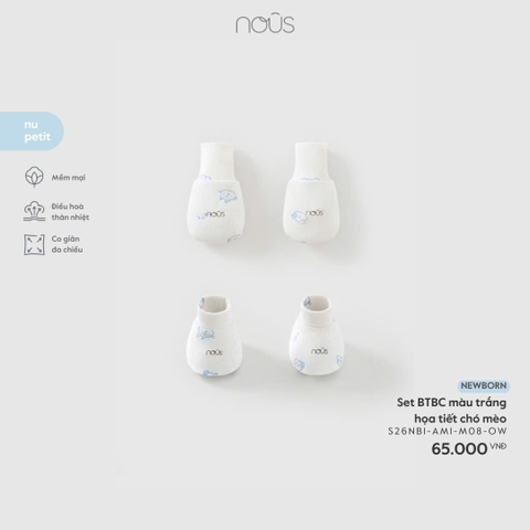 NOUS - Set BTBC màu trắng họa tiết chó mèo -  - Newborn - SS26.T1A