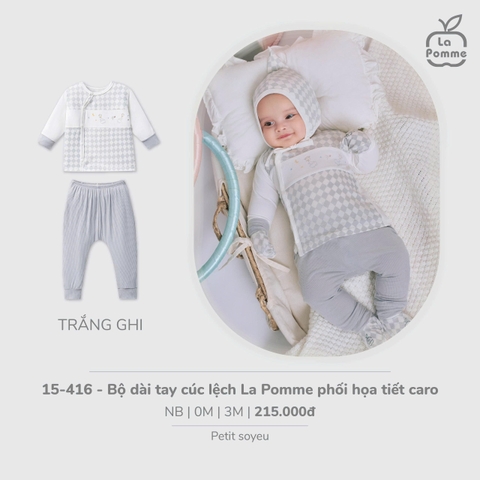 LP - Bộ dài tay cúc lệch La Pomme phối họa tiết caro - Trắng Ghi - 0-3M - SS26.T2C