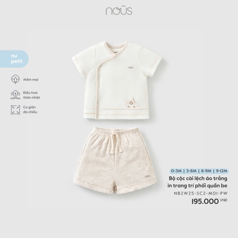 NOUS - Bộ cộc cài lệch áo trắng in trang trí phối quần be - 3-6M - SS26.T3A