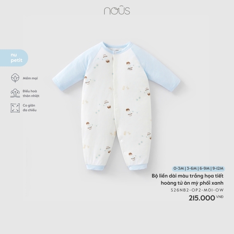 NOUS - Bộ liền dài màu trắng họa tiết hoàng tử ăn mỳ phối xanh - 3-6M - SS26.T3A