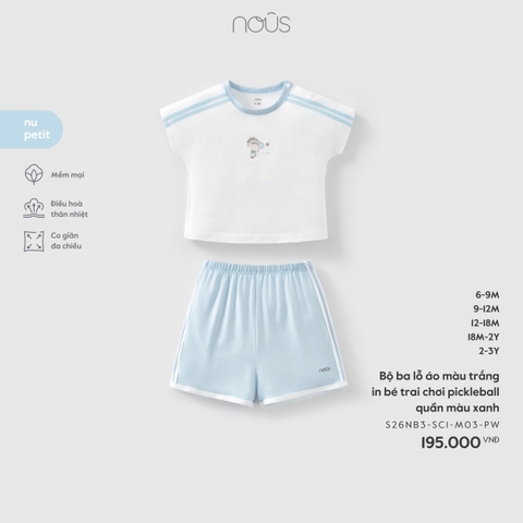 NOUS - Bộ ba lỗ áo màu trắng in bé trai chơi pickleball quần màu xanh - 2-3Y - SS26.T3A