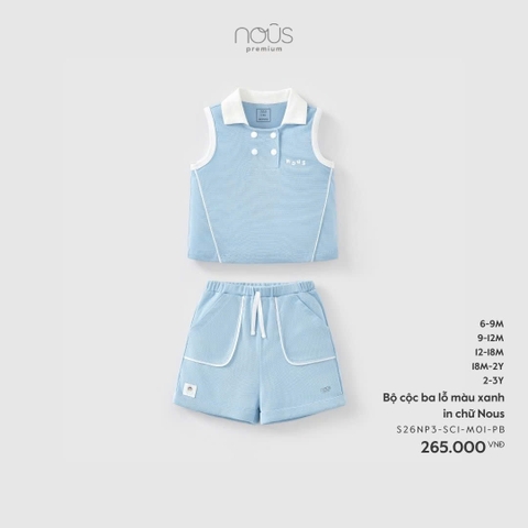 NOUS - Bộ cộc ba lỗ màu xanh in chữ Nous - 9-12M - SS26.T3B