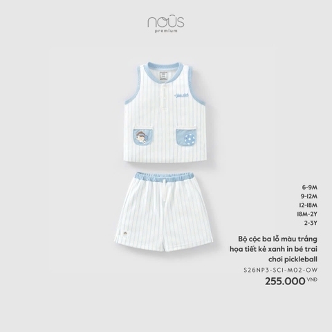 NOUS - Bộ cộc ba lỗ màu trắng họa tiết kẻ xanh in bé trai chơi pickleball - 18-24M - SS26.T3B