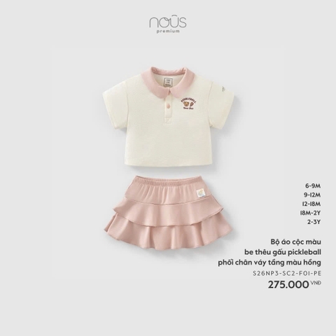 NOUS - Bộ áo cộc màu be thêu gấu pickleball phối chân váy tầng màu hồng - 12-18M - SS26.T3B