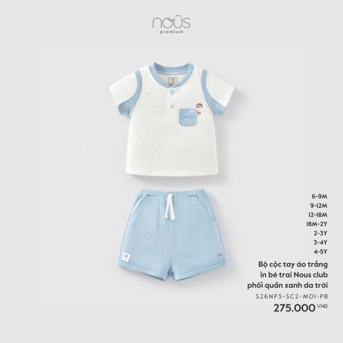 NOUS - Bộ cộc tay áo trắng in bé trai Nous club phối quần xanh da trời - 3-4Y - SS26.T3B