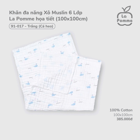 LP - Khăn đa năng Xô Muslin 6 Lớp La Pomme họa tiết (100x100cm) - Trắng (Cá heo) - FS - SS26.GM