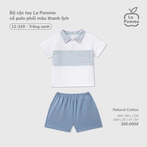 LP - Bộ cộc tay La Pomme cổ polo phối màu thanh lịch - Trắng Xanh - 9-12M - SS26.T3B