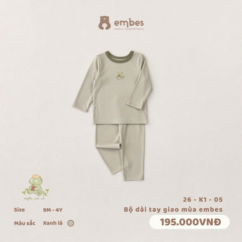 EMBES - Bộ dài tay giao mùa embes - 26-K1-05 - Xanh Lá - 9-12M