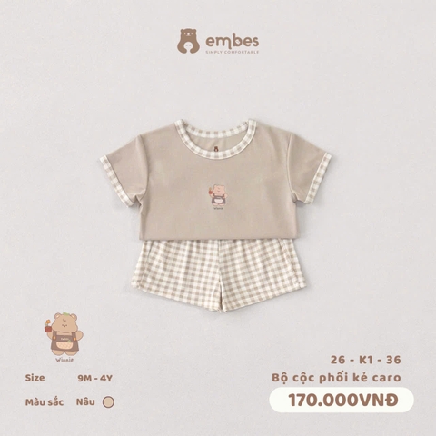 EMBES - Bộ cộc phối kẻ caro - 26-K1-36 - Nâu - 18-24M