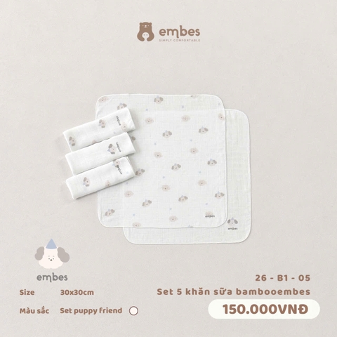 EMBES - Set 5 khăn sữa bamboo embes Set puppy friend - 26-B1-05 - Be Xám - Newborn