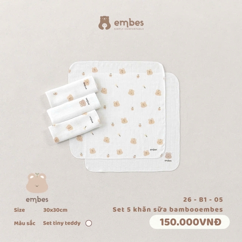 EMBES - Set 5 khăn sữa bamboo embes Set tiny teddy - 26-B1-05 - Be Nâu - Newborn