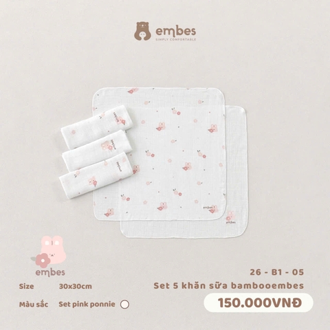 EMBES - Set 5 khăn sữa bamboo embes Set pink Ponnie - 26-B1-05 - Be Hồng - Newborn