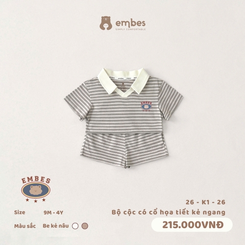 EMBES - Bộ cộc có cổ hoạ tiết kẻ ngang - 26-K1-26 - Be kẻ nâu - 2-3Y - SS26.T4A