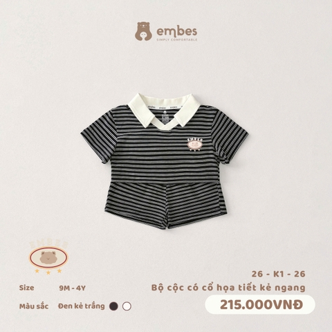 EMBES - Bộ cộc có cổ hoạ tiết kẻ ngang - 26-K1-26 - Đen kẻ trắng - 12-18M - SS26.T4A