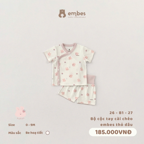 EMBES - Bộ cộc tay cài chéo embes thỏ dâu - 26-B1-27 - Be họa tiết - 0-3M - SS26.T4A