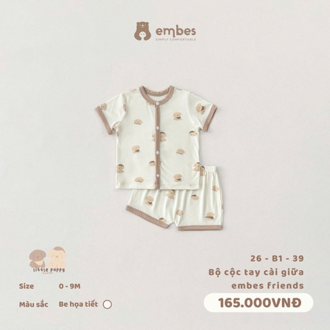EMBES - Bộ cộc tay cài giữa embes friends - 26-B1-39 - Be họa tiết - 6-9M - SS26.T4A