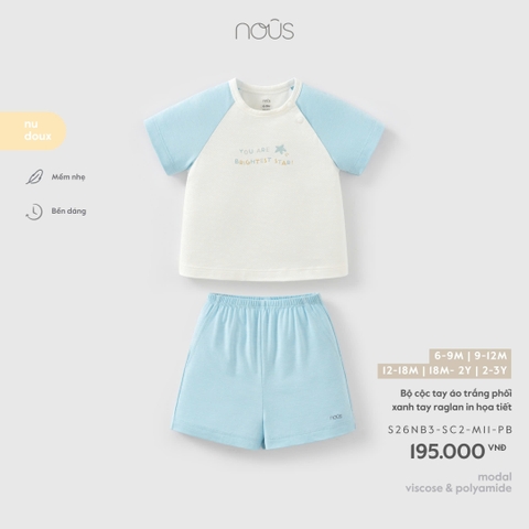 NOUS - Bộ cộc tay áo trắng phối xanh tay raglan in họa tiết - 18-24M - SS26.T4A - PRE