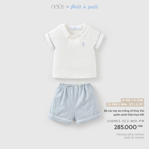 NOUS - Bộ cộc tay áo trắng cổ thủy thu quần xanh thêu họa tiết - 18-24M - SS26.T4A - PRE