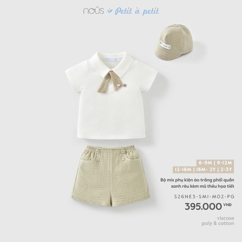 NOUS - Bộ mix phụ kiện áo trắng phối quần xanh rêu kèm mũ thêu họa tiết - 6-9M - SS26.T4A - PRE