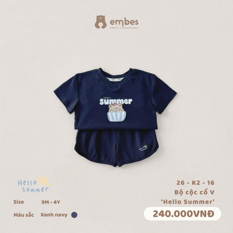 EMBES - Bộ cộc cổ V Hello summer - 26-K2-16 - Xanh Navy - 12-18M - SS26.T4B