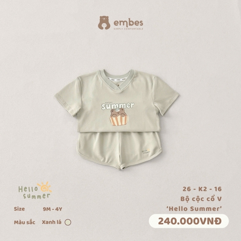 EMBES - Bộ cộc cổ V Hello summer - 26-K2-16 - Xanh lá - 2-3Y - SS26.T4B