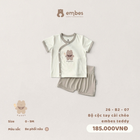 EMBES - Bộ cộc tay cài chéo embes teddy - 26-B2-07 - Be kẻ nâu - 3-6M - SS26.T4B