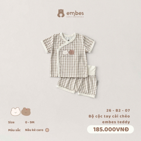 EMBES - Bộ cộc tay cài chéo embes teddy - 26-B2-07 - Nâu kẻ caro - 3-6M - SS26.T4B