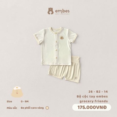EMBES - Bộ cộc tay embes grocery friends be phối - 26-B2-14 - Caro vàng - 0-3M - SS26.T4B