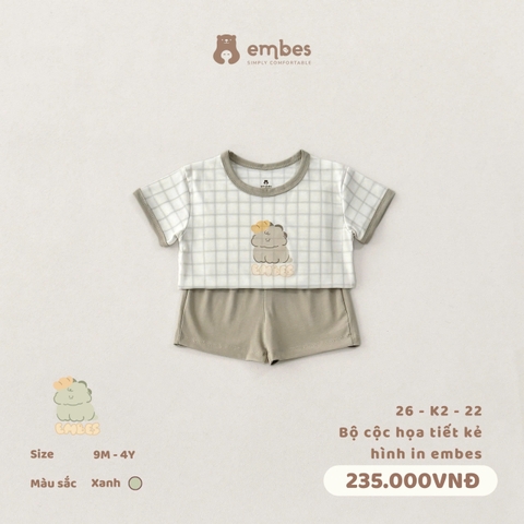 EMBES - Bộ cộc hoạ tiết kẻ hình in embes - 26-K2-22 - Xanh - 3-4Y - SS26.T4D