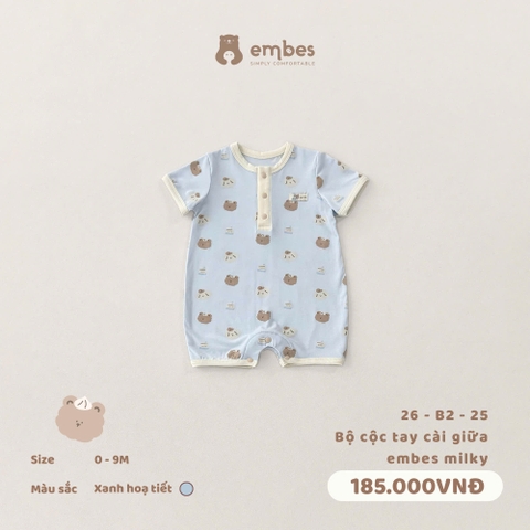 EMBES - Bộ cộc tay cài giữa embes milky - 26-B2-25 - Xanh họa tiết - 0-3M - SS26.T4D