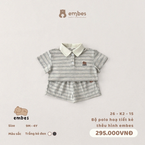 EMBES - Bộ polo hoạ tiết kẻ thêu hình embes - 26-K2-15 - Trắng kẻ đen - 2-3Y - SS26.T4E