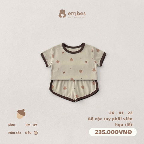 EMBES - Bộ cộc tay phối viền hoạ tiết - 26-K1-22 - Nâu - 12-18M - SS26.T4E