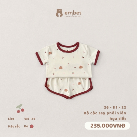 EMBES - Bộ cộc tay phối viền hoạ tiết - 26-K1-22 - Đỏ - 9-12M - SS26.T4E