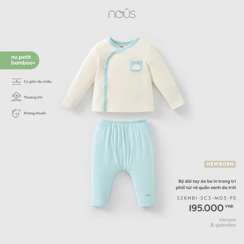 NOUS - Bộ dài tay áo be in trang trí phối túi và quần xanh da trời  - Newborn - SS26.T5A