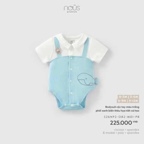 NOUS - Bodysuit cộc tay màu trắng phối xanh biển thêu họa tiết cá heo  - 3-6M - SS26.T5A