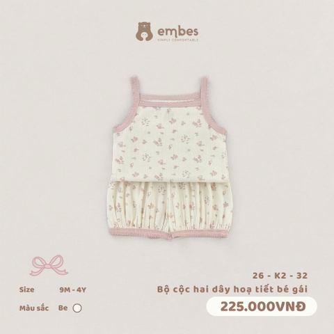 EMBES - Bộ cộc hai dây hoạ tiết bé gái - 26-K2-32 - Be - 12-18M - SS26.T5A